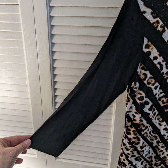 Ruby Rd. Top Women's sz S Tie-hem Leopard Print Stripe Knit Gold Stud 3/4 Sleeve - Picture 6 of 6